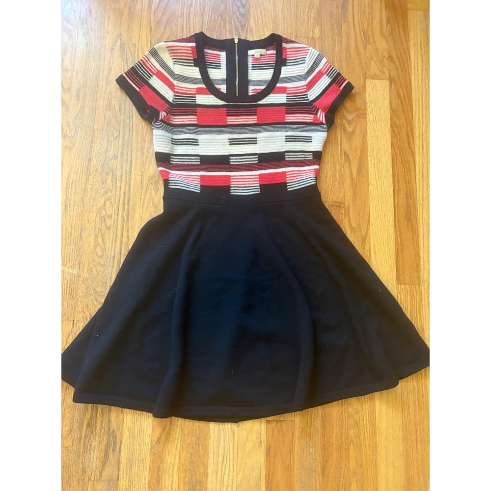 Shoshanna Fit and Flare Knit Dress Red Black Geometric Block Short Sleeve M